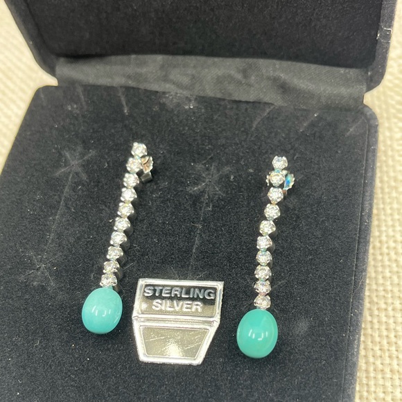 Vintage Diamonique & Turquoise Dangle Earrings 925 Sterling Silver - Picture 15 of 16